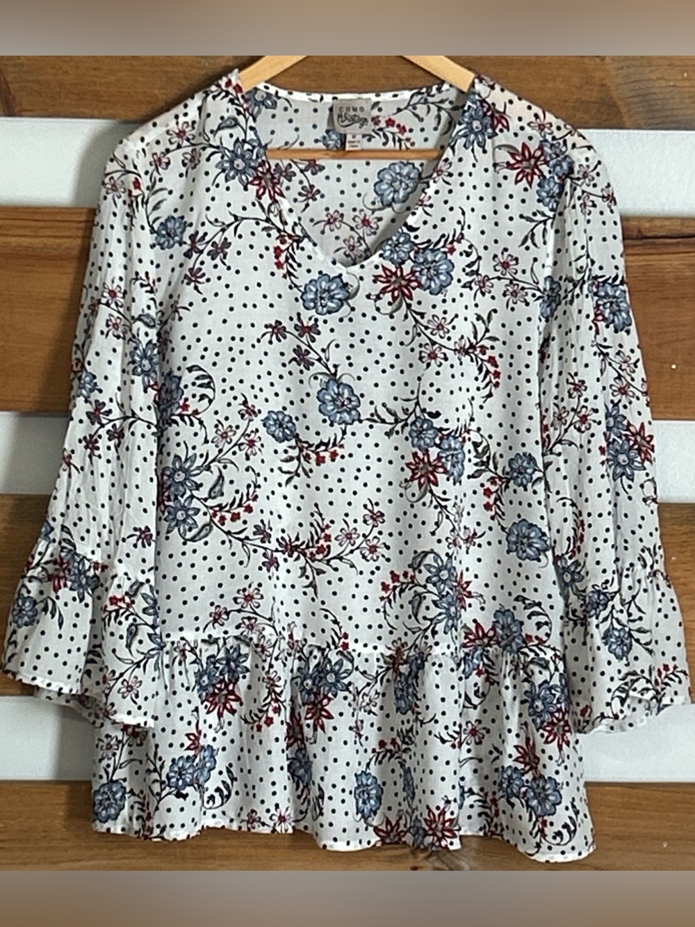 Como Vintage Women's Floral V-Neck 3/4 Flare Sleeve Boho Comfort Blouse Size M